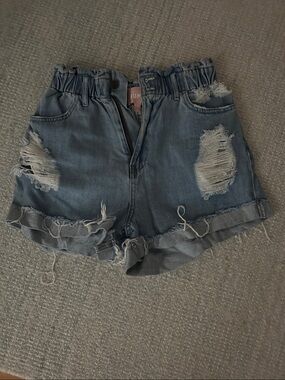 Distressed High-Waist Denim Shorts - Light Blue